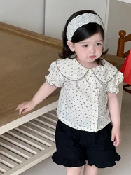 MILANCEL, nueva camisa con lazo de verano para niñas, 9M-3T, blusa fina bonita con cuello de muñeca para bebés, pantalones cortos holgados versión coreana para niños pequeños