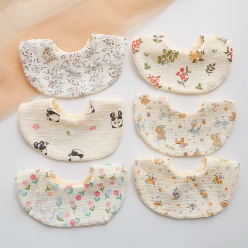 Baberos redondos de gasa arrugada de 6 capas para bebés, Baberos Bandana con estampado Floral para recién nacidos, Baberos de alimentación, elementos esenciales para el cuidado del bebé