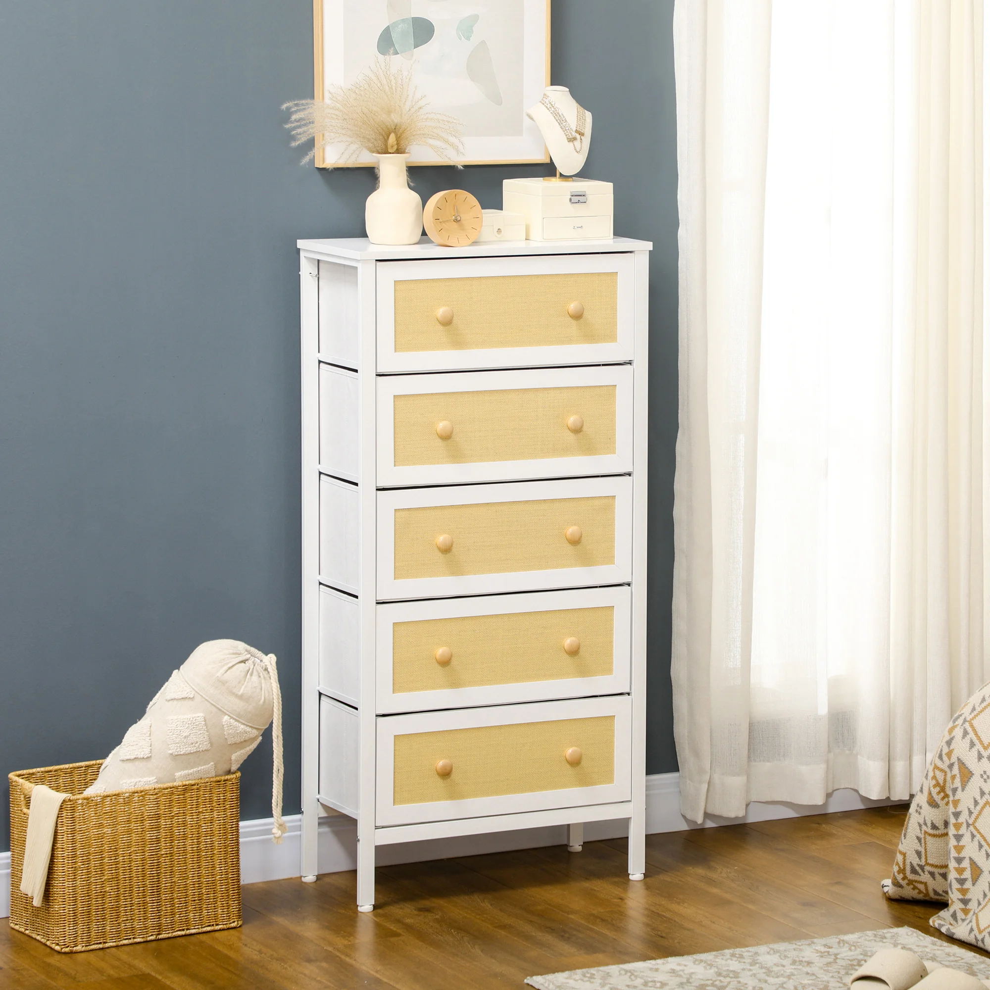 HOMCOM Cómoda de Dormitorio Cajonera de Estilo Bohemio con 4 Cajones de Tela Plegable Superficie de Ratán PE y Marco de Acero para Entrada Salón Pasillo Blanco - imagen 3