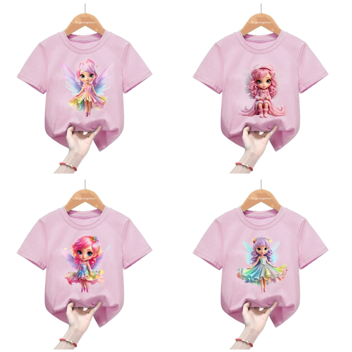 Camiseta Rosa Kawaii para niños, camisa de hada del jardín del Arcoíris, mariposa colorida, Ángel, muñeca, Ropa para Niñas, Top para bebés