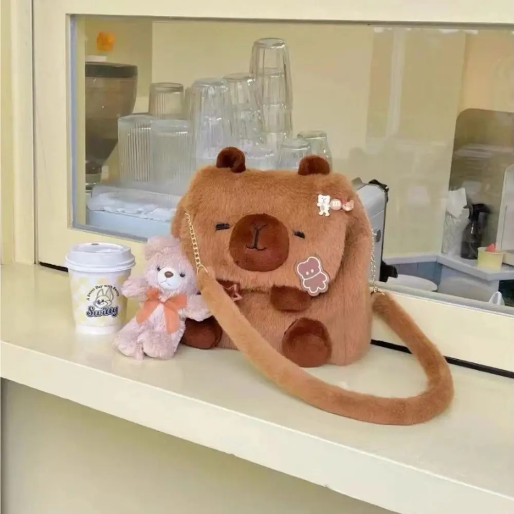 Bolso sencillo con patrón de animales, mochila de muñeco de capibara de dibujos animados de felpa, bolso de hombro para el Campus, bolso con tapa de capibara peludo, bolso de hombro - imagen 2