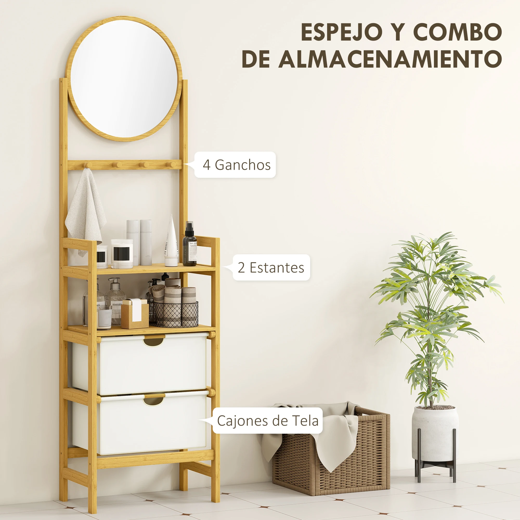 HOMCOM Estantería de Baño de Bambú con Espejo Estantería de Almacenaje con 4 Ganchos 2 Estantes Abiertos y 2 Cajones de Tela para Cocina Baño Salón 48,5x30x170 cm Natural - imagen 4