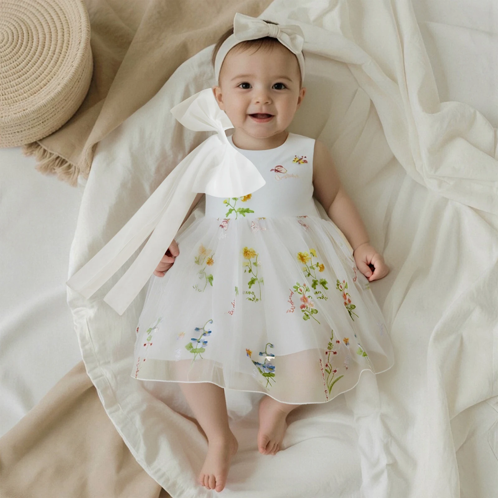 Vestido de tul sin mangas con flores para niña, cuello redondo - imagen 5