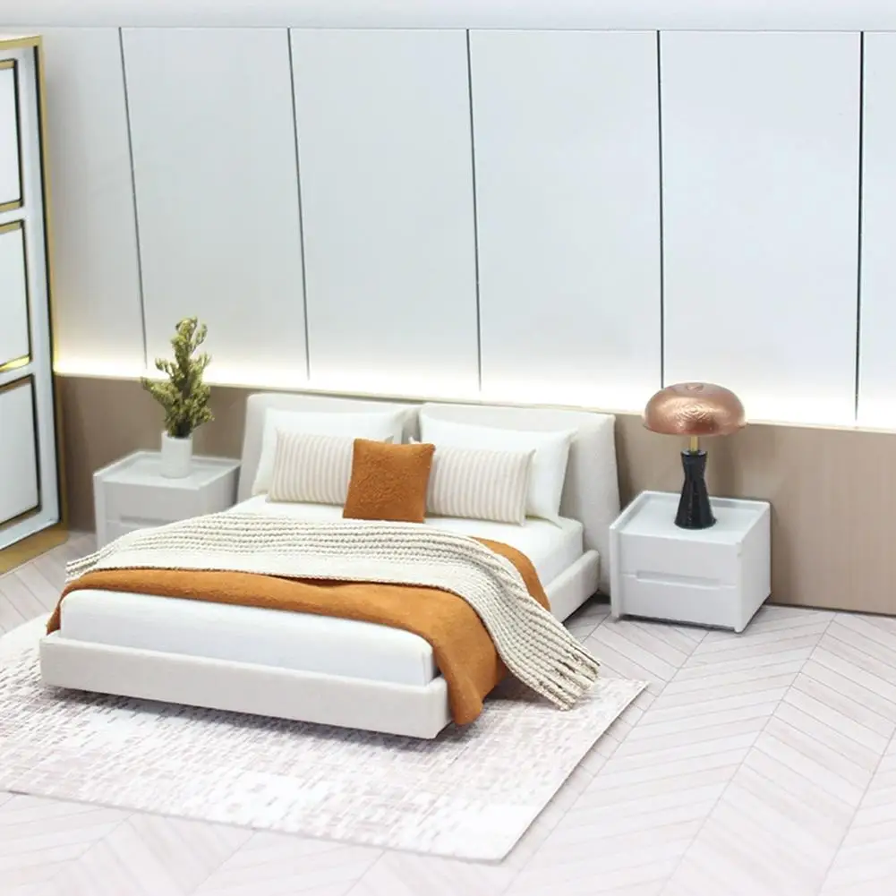 Cama doble y ropa de cama en miniatura para dormitorio, muebles de estilo crema, decoración en miniatura O6m3 - imagen 5