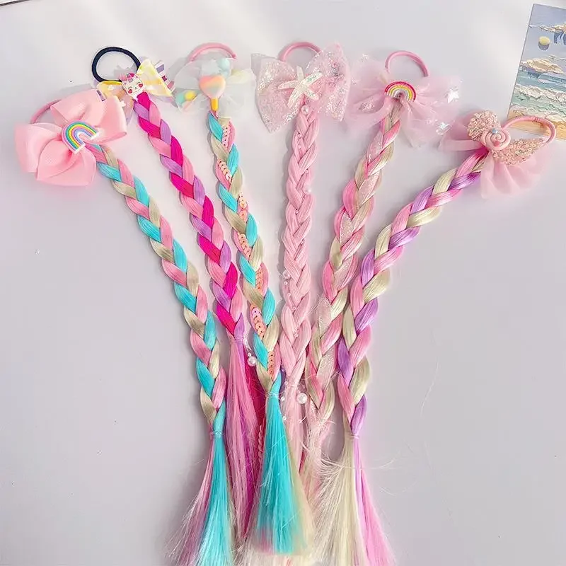 Pelucas bonitas de unicornio, cola de caballo para niños y niñas, Color caramelo, lazo de mariposa de dibujos animados, coleta, estilismo para el cabello, bandas de goma, tocados Brai - imagen 2