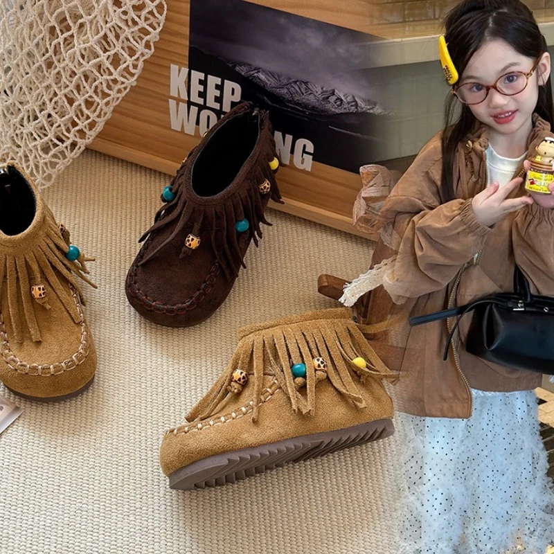 Zapato de invierno para niñas, novedad de otoño 2025, zapatos planos Retro, botas de princesa vaqueras informales, botas de moda para niñas, botas cortas antideslizantes para niños