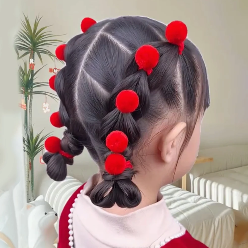 Gomas de pelo con pompones para niñas – Sets multicolores para el cabello - imagen 4
