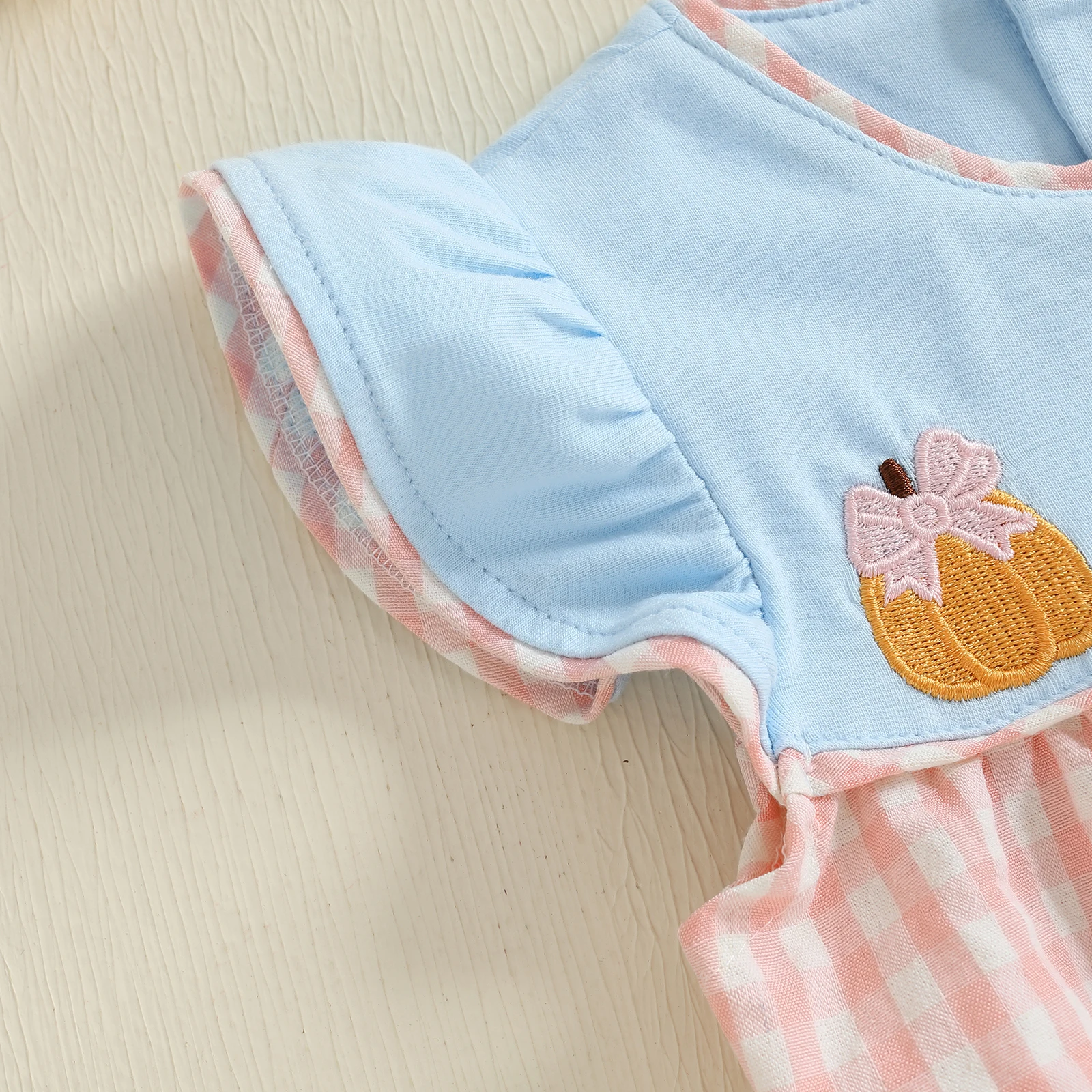 Pelele de verano para niña de 0 a 18 meses, mono con bordado de calabaza y manga voladora, mono de burbujas a cuadros - imagen 5