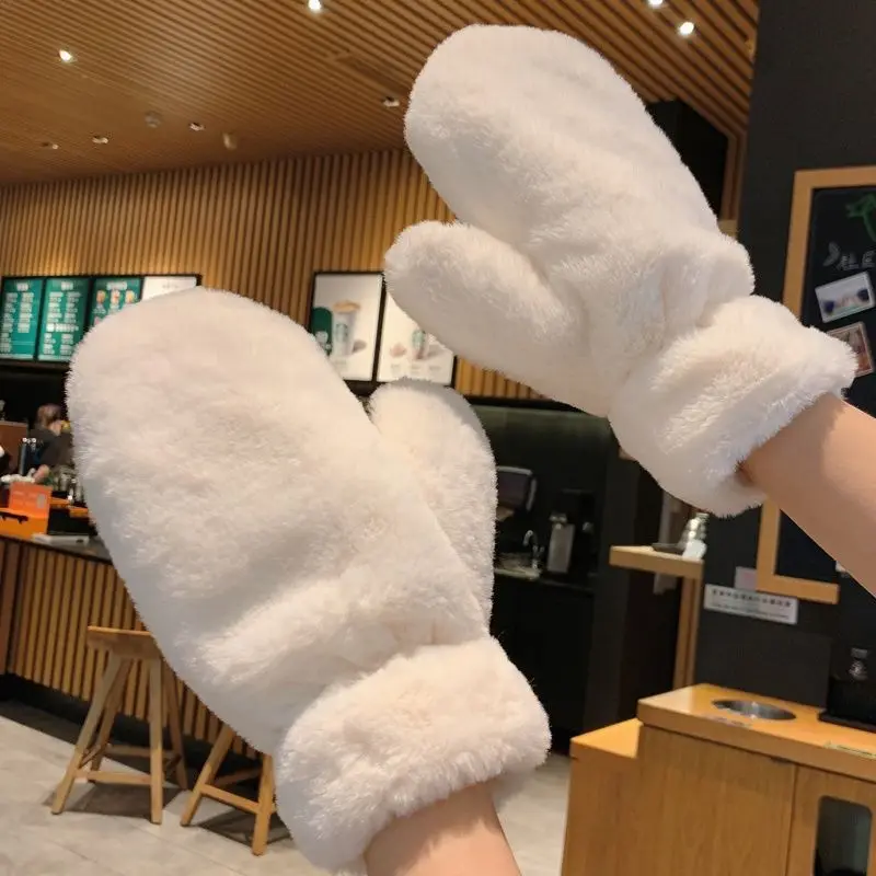 Guantes de invierno de color sólido de estilo coreano para mujer, manoplas gruesas y cálidas con forro polar, resistentes al viento y al frío para viajes en bicicleta