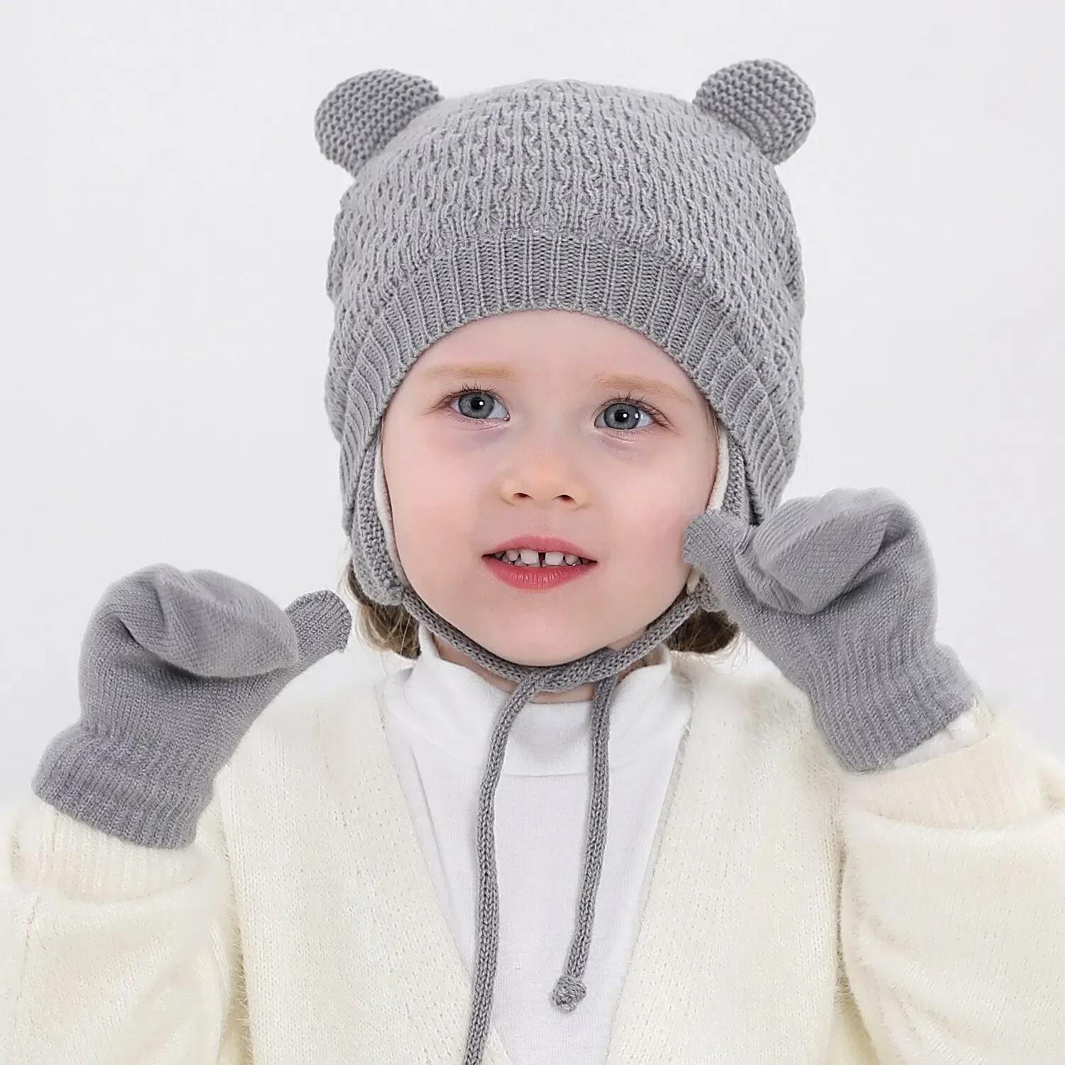 Conjunto de gorro y guantes de punto para bebé, 2 uds., Color sólido, protección para los oídos para otoño e invierno, gorro para niño pequeño para niñas y niños, bonito guerra al aire libre - imagen 3