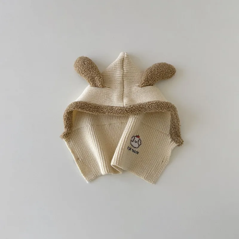Gorro y bufanda de estilo coreano para niños, conjunto de invierno 2 en 1, gorro tejido con orejas de perro y Animal, calentador de cuello, pasamontañas cálido para niños pequeños - imagen 4