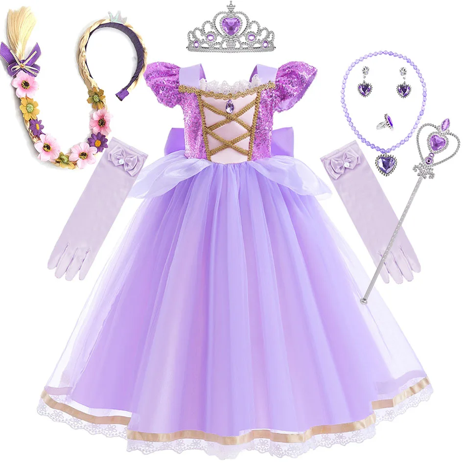 Vestido de Rapunzel para niña, disfraz de princesa de tul con lentejuelas, Carnaval de Halloween, vestido elegante elegante, ropa de fiesta para desfile para niños