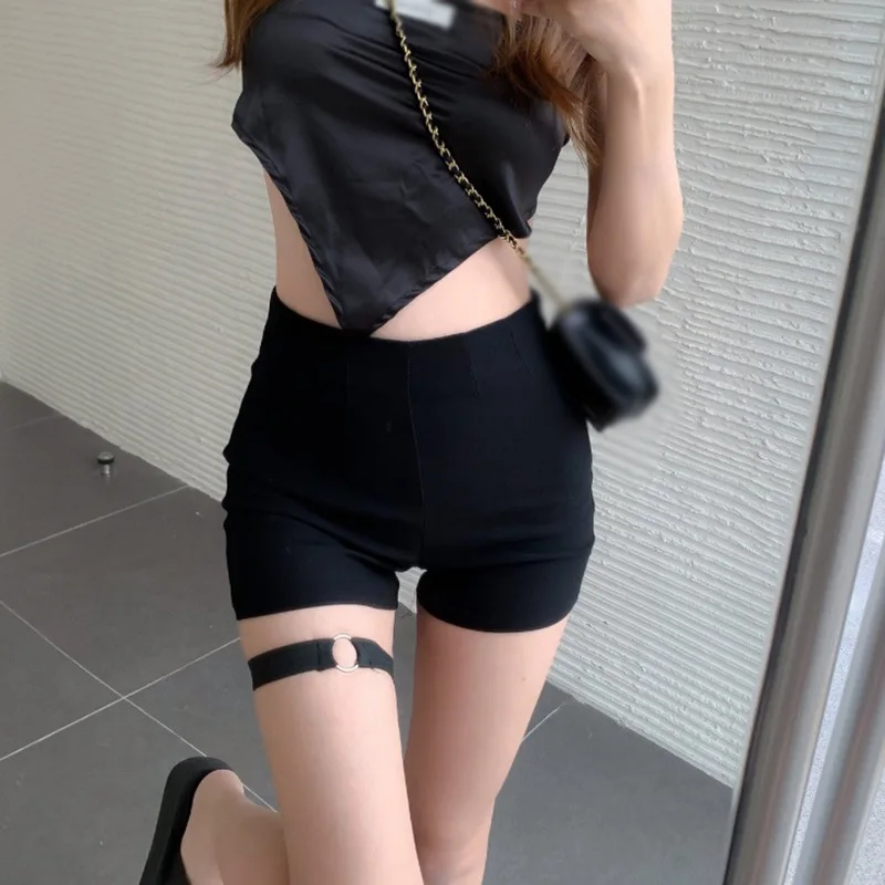 Pantalones cortos negros de cintura alta para mujer, poliéster, Color sólido, ajustado, Sexy, elástico, cintura elástica, lazo Delgado, Verano