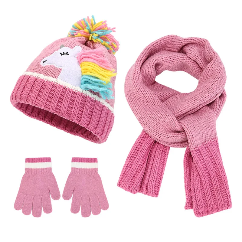 Gorro de unicornio de invierno para niños, conjunto de guantes y bufanda para el cuello para 3-6 años, bufanda cálida tejida, gorro para niños, 3 uds.