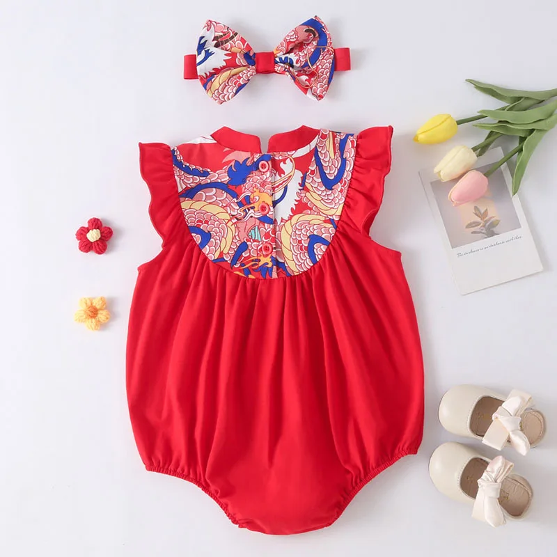 Vestido verano algodón sin mangas para recién nacida con lazo rojo - imagen 3