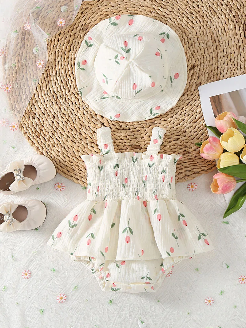 2 uds recién llegado ropa Floral de verano para bebé mameluco sin mangas recién nacido niña falda mono traje con sombrero - imagen 2