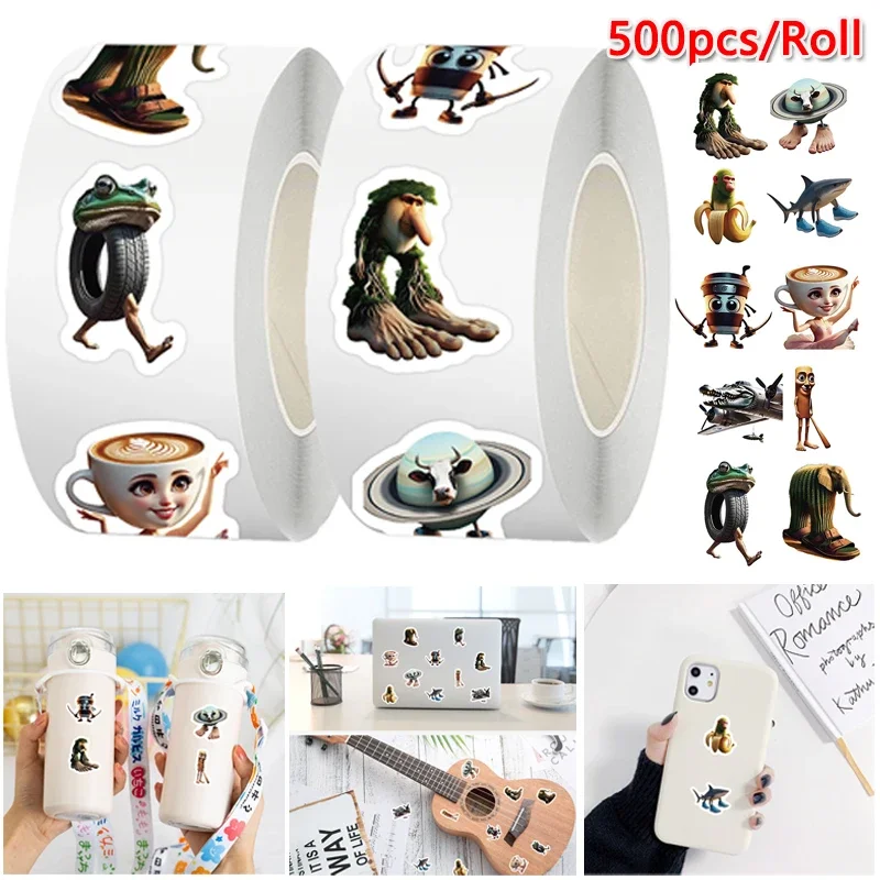 500 uds/rollo de pegatinas divertidas rollo Tung Sahur pegatinas cerebrales italianas diseño AI Animal abstracto para botella de agua juguetes para ordenador portátil - imagen 2