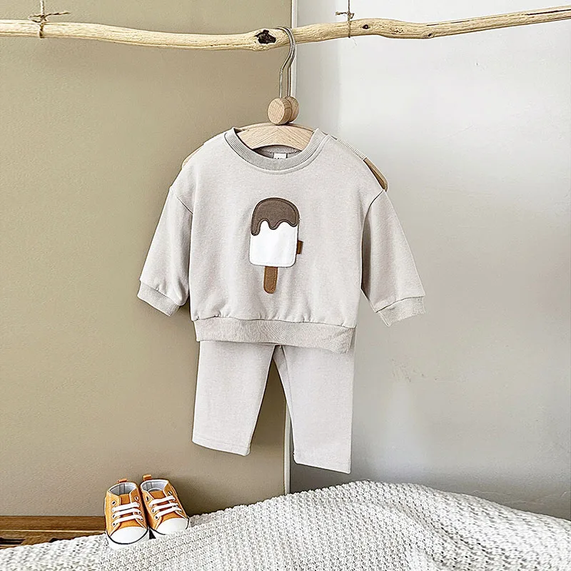 MILANCEL, nuevo conjunto de ropa de primavera para bebés, lindo traje con capucha de helado de dibujos animados para niños pequeños, traje suelto para niños pequeños, 2 uds. - imagen 2
