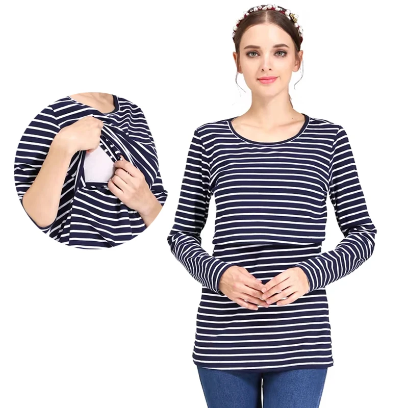 Ropa de maternidad, camisetas a rayas, ropa de lactancia de manga larga, Tops para mujeres embarazadas, camisetas posparto de algodón