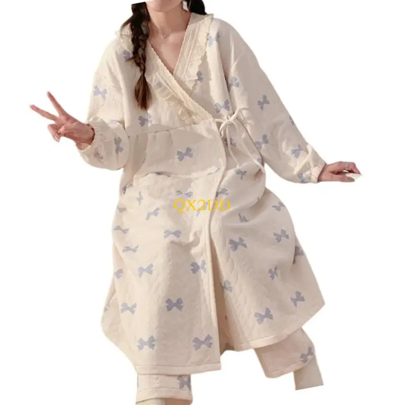 QX2D Conjunto pijamas maternidad invierno, ropa dormir capas térmicas algodón suave para embarazo, vestido - imagen 5