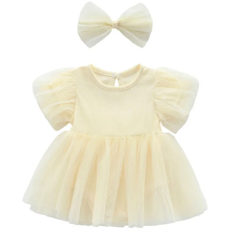 Ropa de verano 2025 para niñas, mono bonito de princesa, monos sin mangas de malla de moda coreana + banda para el pelo, ropa para recién nacidos BC1498