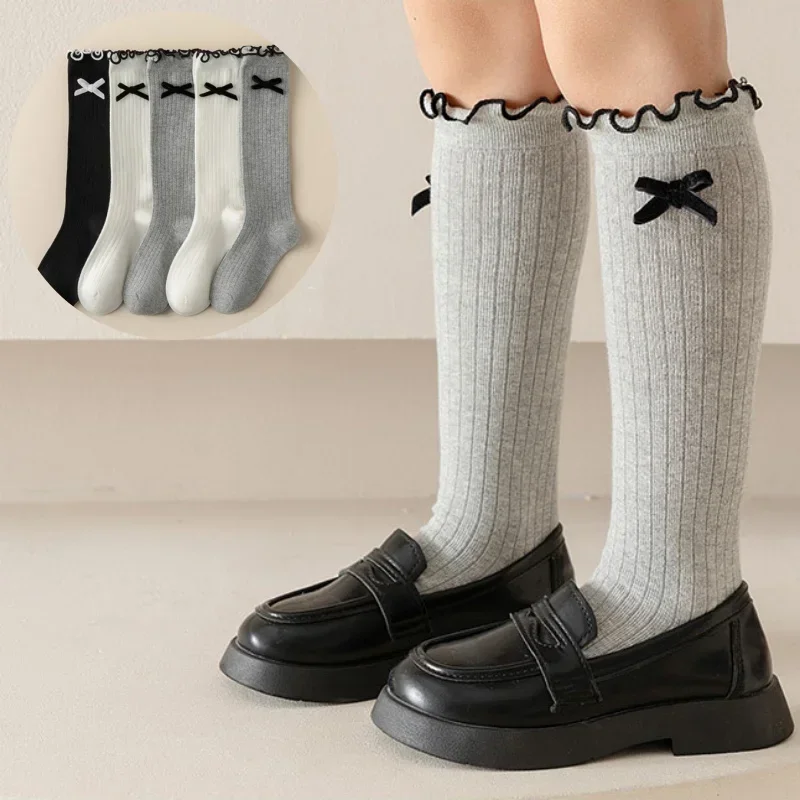 Medias de algodón para niños de otoño, calcetines largos hasta la rodilla con lazo coreano y volantes para niñas, calcetín escolar JK con lazo de Color sólido - imagen 3