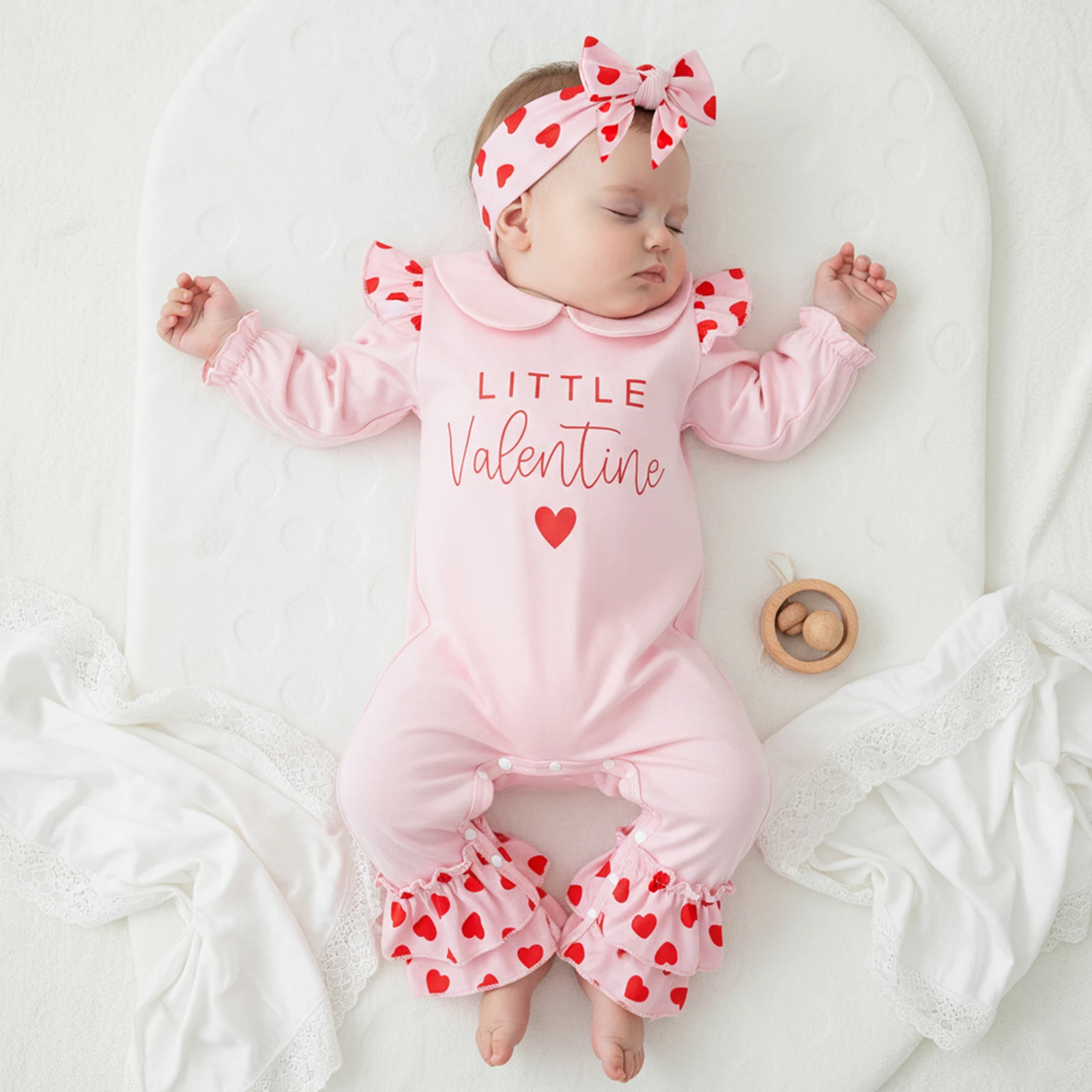 SUNSIOM Conjunto de 2 piezas para bebé recién nacido, niña, día de San Valentín, corazón, letra, volantes, manga larga, mameluco y diadema - imagen 2