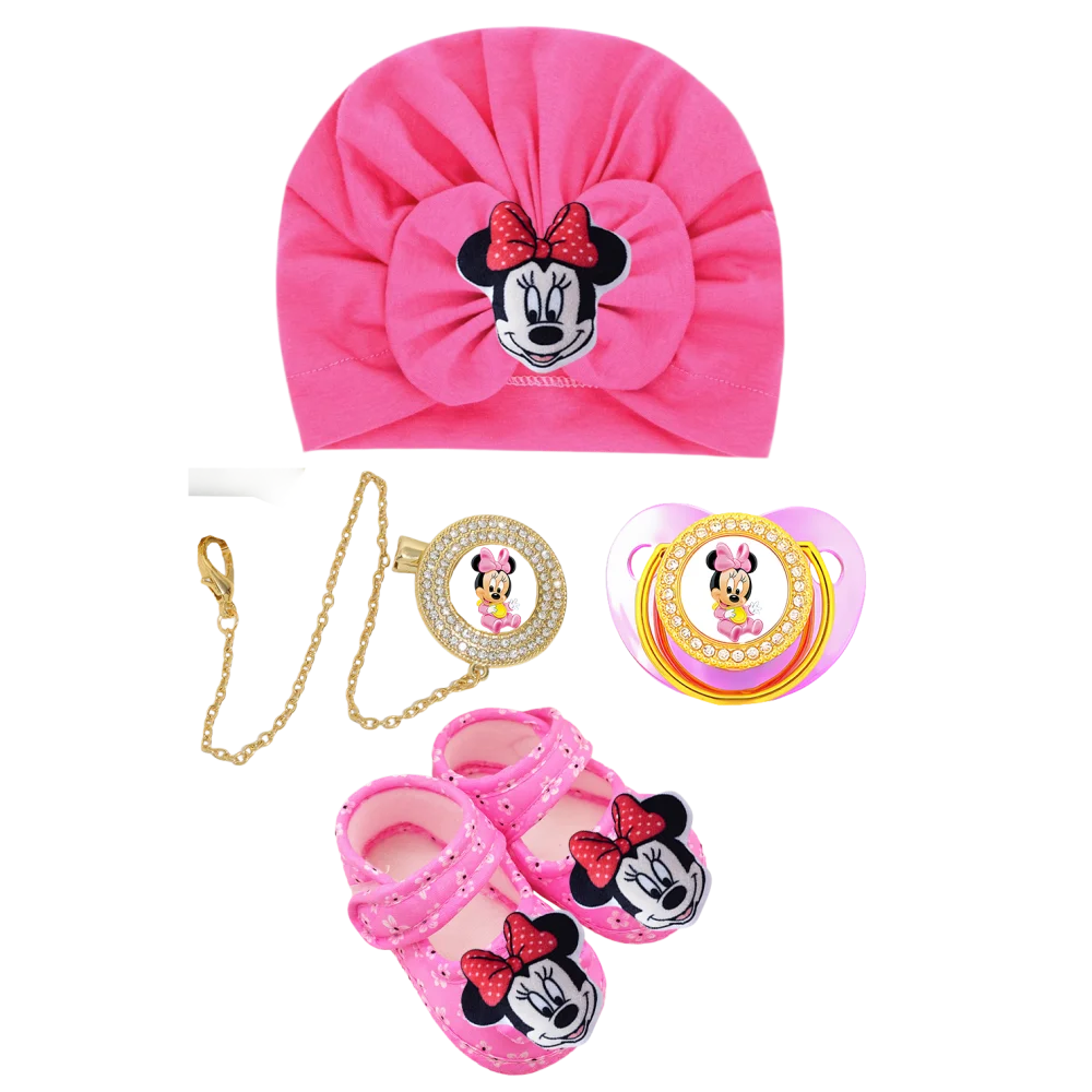 Gorro para recién nacido + clip de cadena para chupete de bebé + zapatos de cama para recién nacido, anillo de dentición de cristal rosa, chupete con estampado de anime, tetina de silicona para bebé - imagen 3