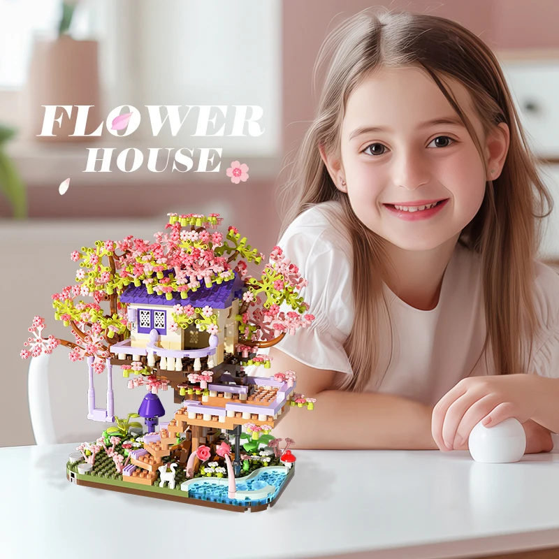 Bloques de construcción de casa de árbol de flores, modelo ensamblado DIY, ladrillos de micropartículas, juguete educativo para niñas, juego de ocio para adultos, regalos de navidad - imagen 2