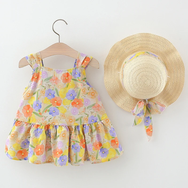 Ropa de verano para niño niña, 2 piezas, moda coreana, bonito vestido de princesa sin mangas de algodón con estampado de flores + sombrero para el sol, vestidos para bebé BC494 - imagen 2