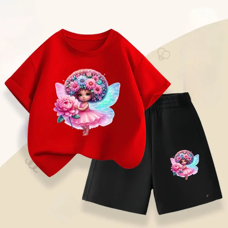 Rose Angel Girl, novedad de verano, Top de manga corta, pantalones cortos, conjunto de dos piezas, trajes informales transpirables para niños, trajes de playa para niños - imagen 3