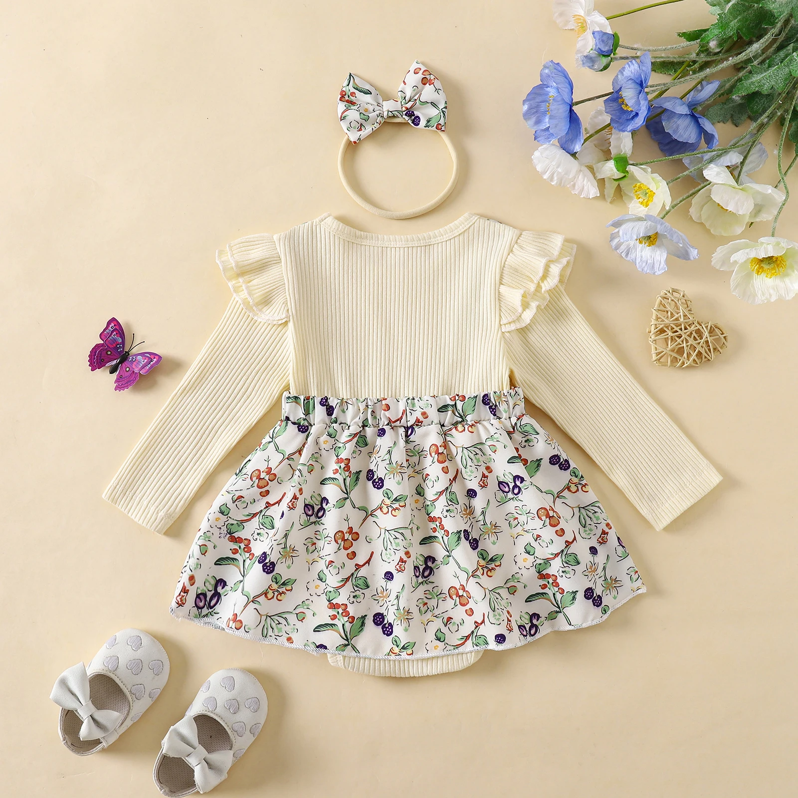 Vestido mameluco de otoño para niña de 0 a 18 meses, mono falso de dos piezas de manga larga con cuello redondo y estampado floral - imagen 2