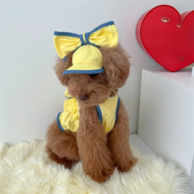 Vestido amarillo para mascotas, ropa de verano para perros, Teddy para gatos, ropa pequeña y fresca, camiseta sin mangas a la moda, sombrero para perros pequeños, falda para cachorros