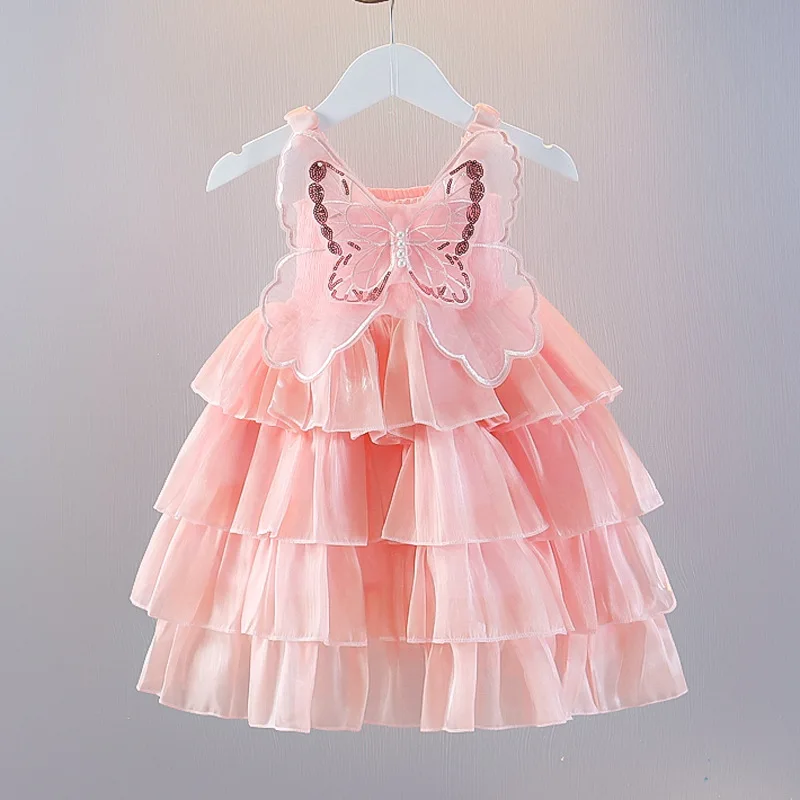 Vestidos de pastel de verano para niñas, vestido de princesa a la moda con mariposas en capas, falda tutú para niños, ropa con alas de satén, trajes, ropa de cumpleaños