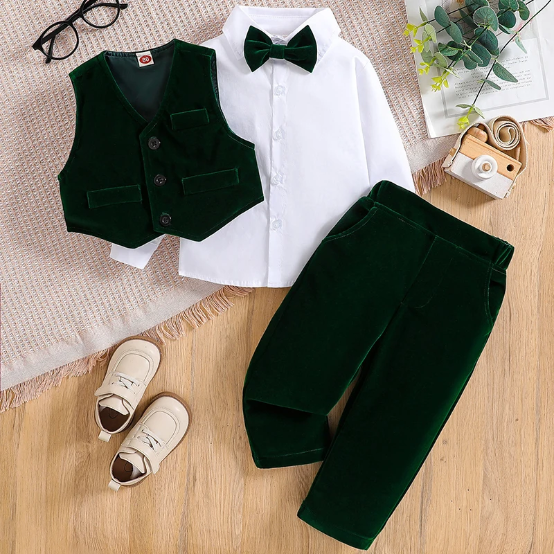 Conjuntos de 4 piezas de ropa para bebé, moda coreana, chaleco con lazo para caballero, camiseta blanca y pantalones, ropa de Boutique para niños BC1578