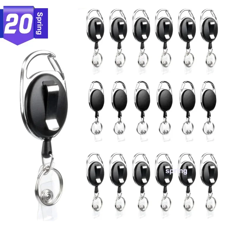 Paquete grande de 20 piezas, portatarjetas de identificación retráctil negro, llavero con mosquetón, Clips de carrete, accesorios para llavero