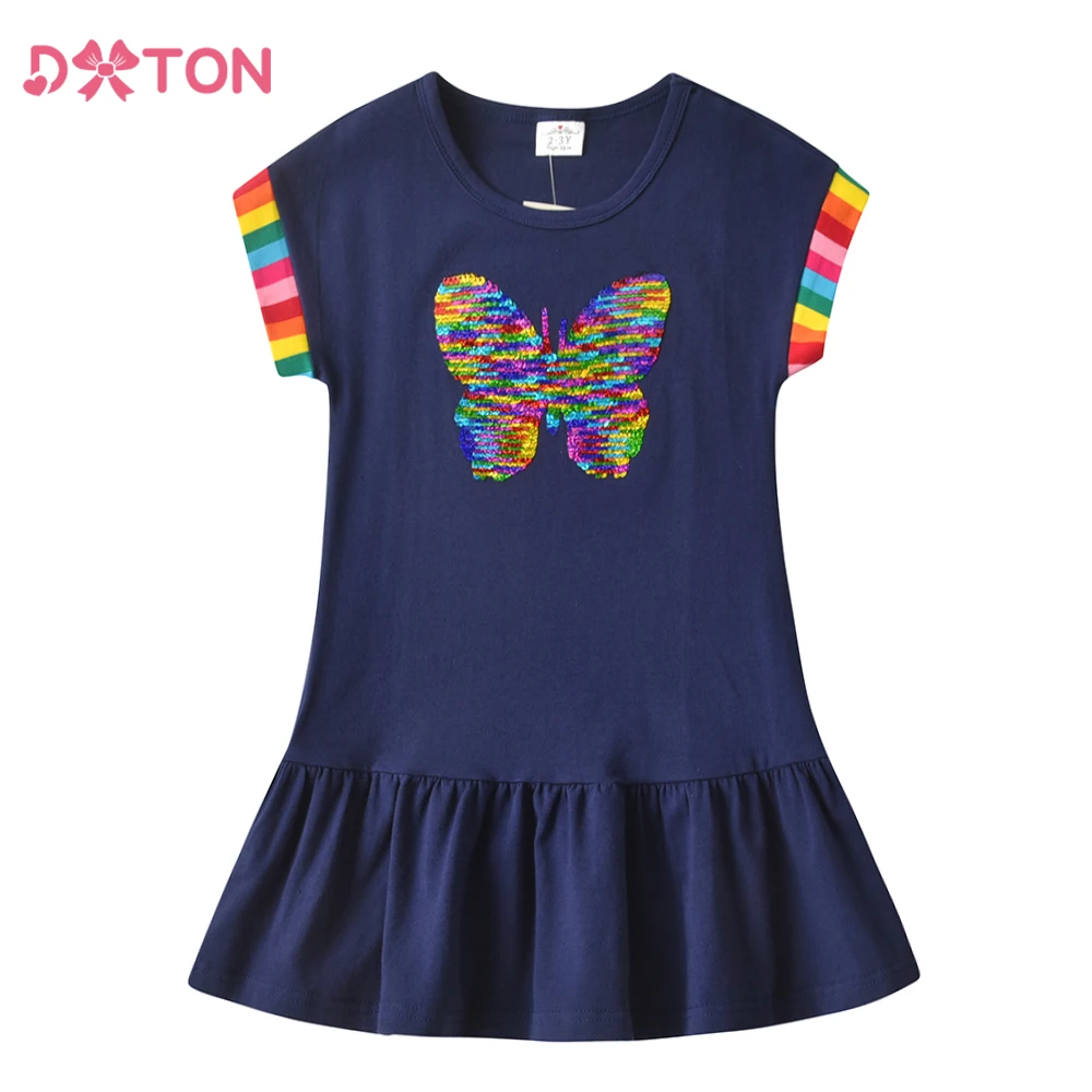 DXTON Vestido lentejuelas niña manga mariposa arcoíris algodón - imagen 2