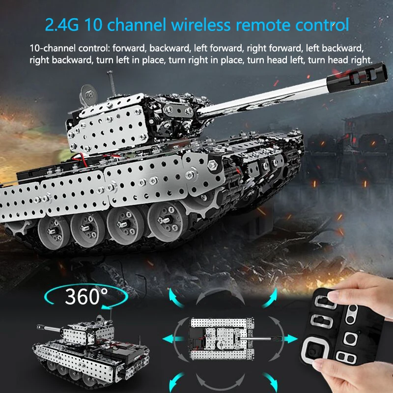 Tanque mecánico de metal eléctrico, montaje difícil, modelo control remoto, bloques construcción juguetes para niños - imagen 3