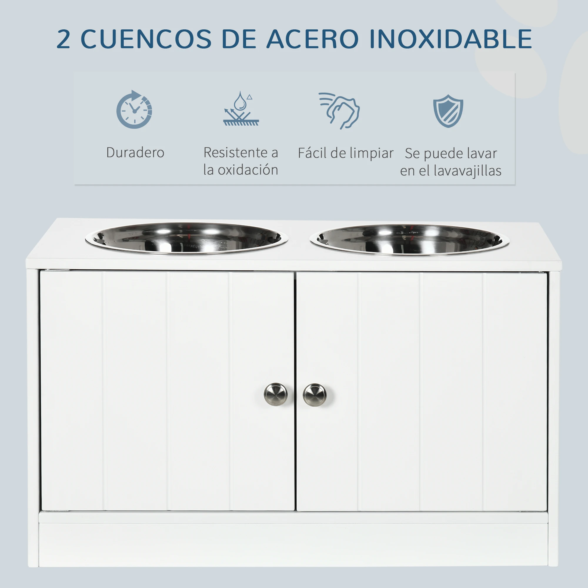 PawHut Comedero Perro Elevado con 2 Cuencos de Acero Inoxidable 2x2000 ml Comedero Elevado para Perros Grandes con 2 Puertas y Almacenamiento Oculto Blanco - imagen 4