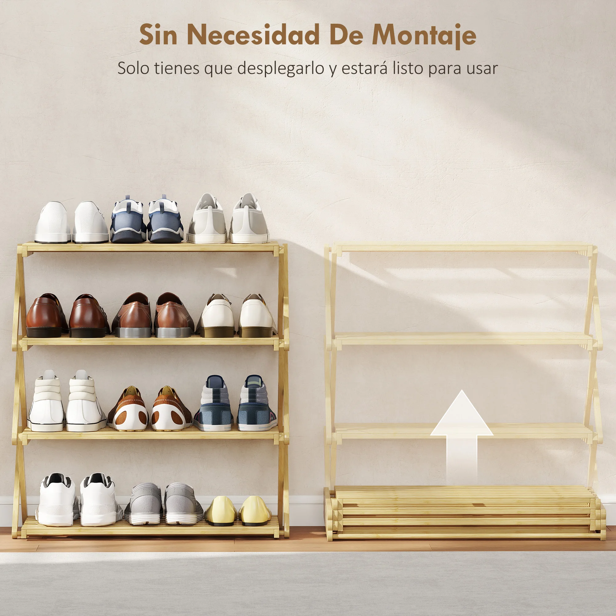 HOMCOM Zapatero Estrecho de Bambú, Zapatero Vertical Plegable de 4 Niveles, Sin Instalación, Estantería para Zapatos para Entrada, Pasillo, Dormitorio, Natural - imagen 4