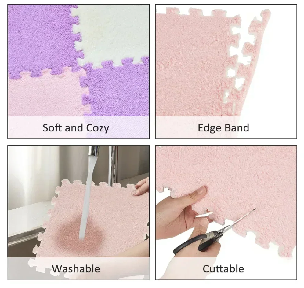Alfombra de juego para bebé de color rosa esponjoso, azulejos de suelo entrelazados de espuma de felpa suaves y antideslizantes para dormitorio de niños con bordes, 1 ud. - imagen 5
