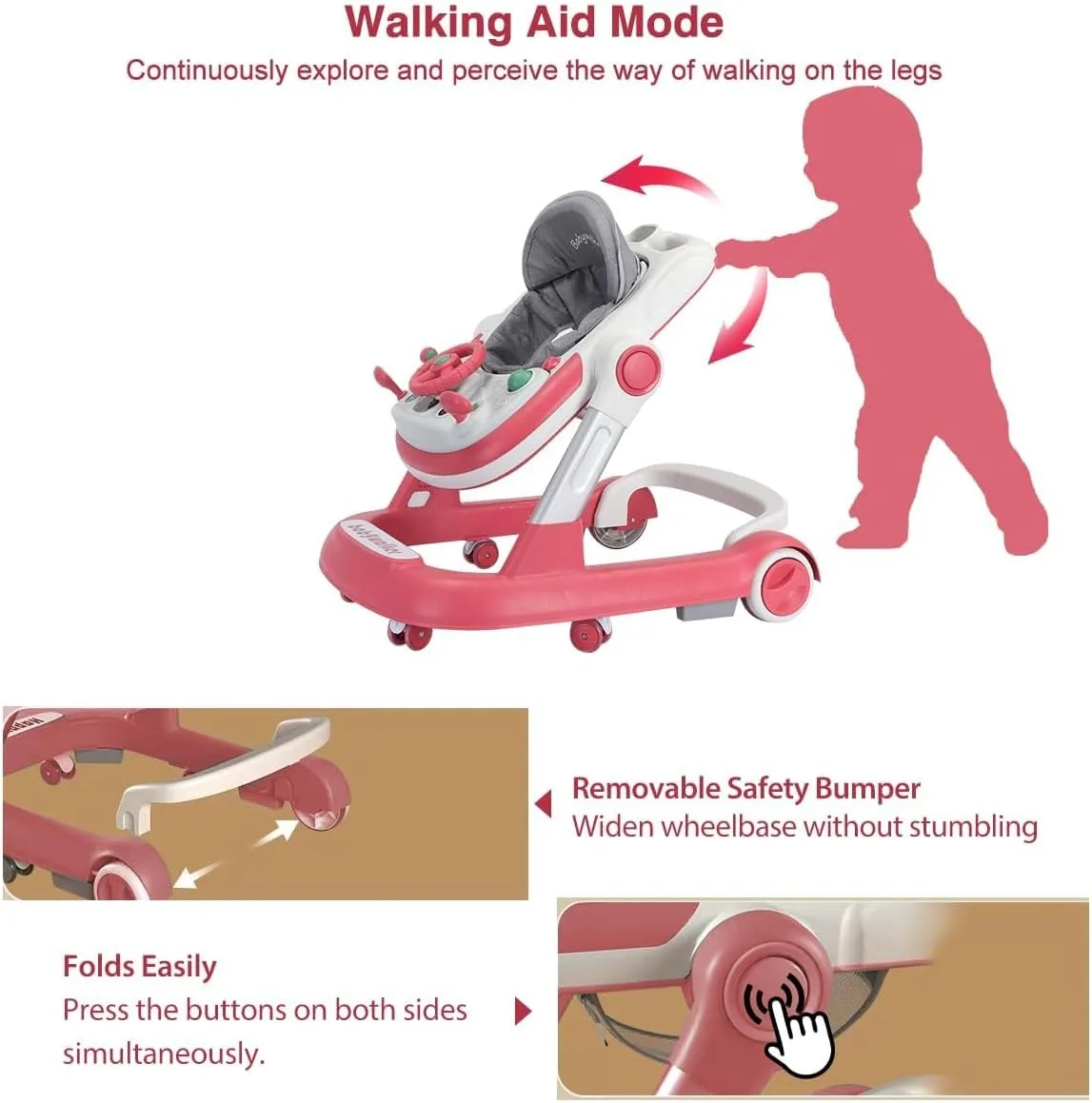 Andador para bebé 2 en 1, andador de empuje para bebé con bandeja de alimentación extraíble y bandeja musical (sin batería), andador plegable - imagen 4