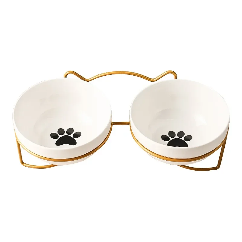 Nuevo Juego de cuencos para gatos de 3 uds con soporte creativo Anti-negro protección para el cuello y la barbilla cuenco doble de cerámica para gatos cuenco de agua para perros suministros para mascotas - imagen 5