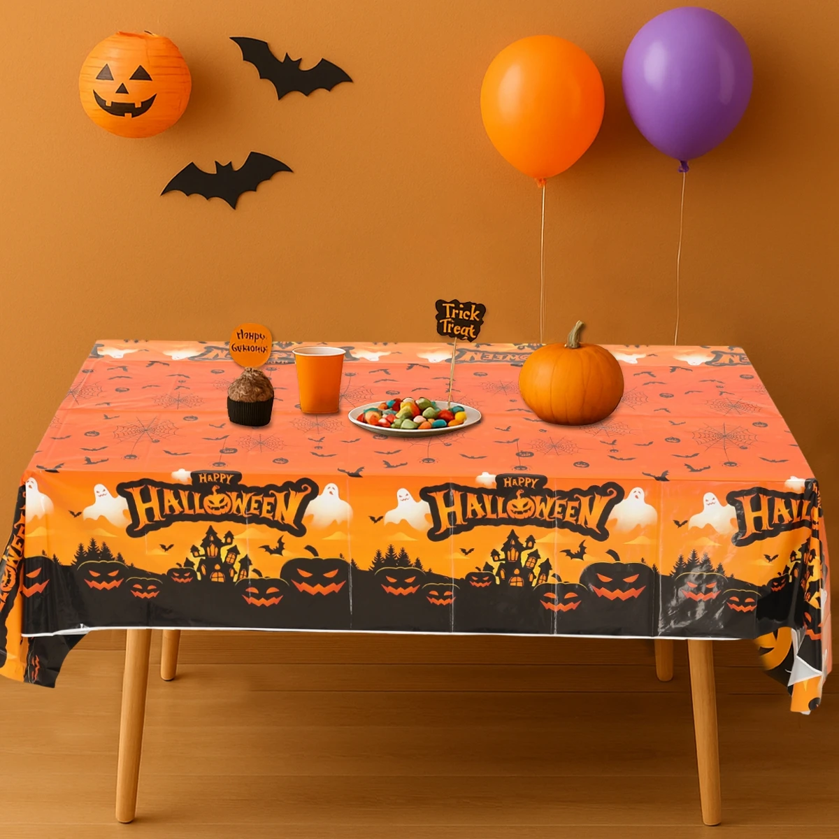 Mantel de murciélago espeluznante de calabaza de Halloween, cubierta de mesa de Halloween, suministros para fiestas de otoño, manteles impresos, suministros para fiestas y festivales - imagen 4