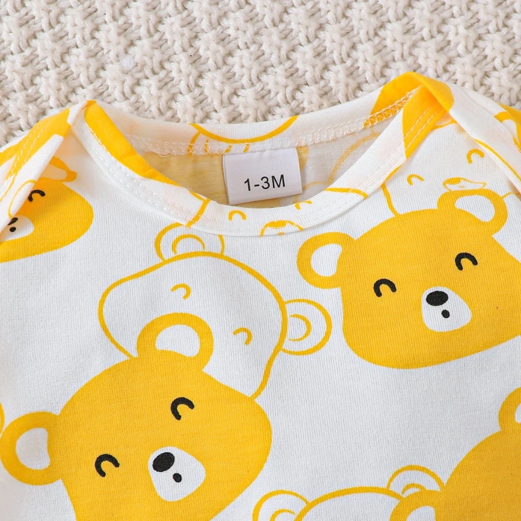 Juego de 4 piezas de oso para bebé recién nacido de 0 a 9 meses |   Body de oso amarillo + sombrero + pantalones amarillos Conjunto de regalo para recién nacido Mono lindo y divertido - imagen 2