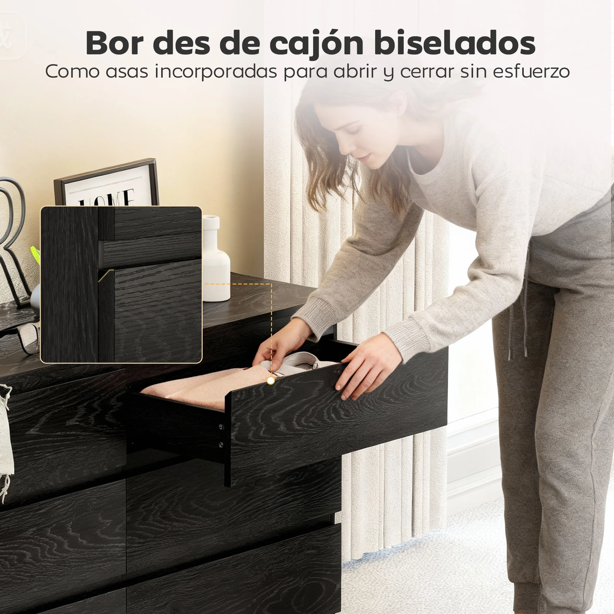 HOMCOM Cómoda 6 Cajones, Cómoda Dormitorio, Cajonera para Salón, Oficina, Estilo Moderno, 140x40x71 cm, Negro Veteado - imagen 4