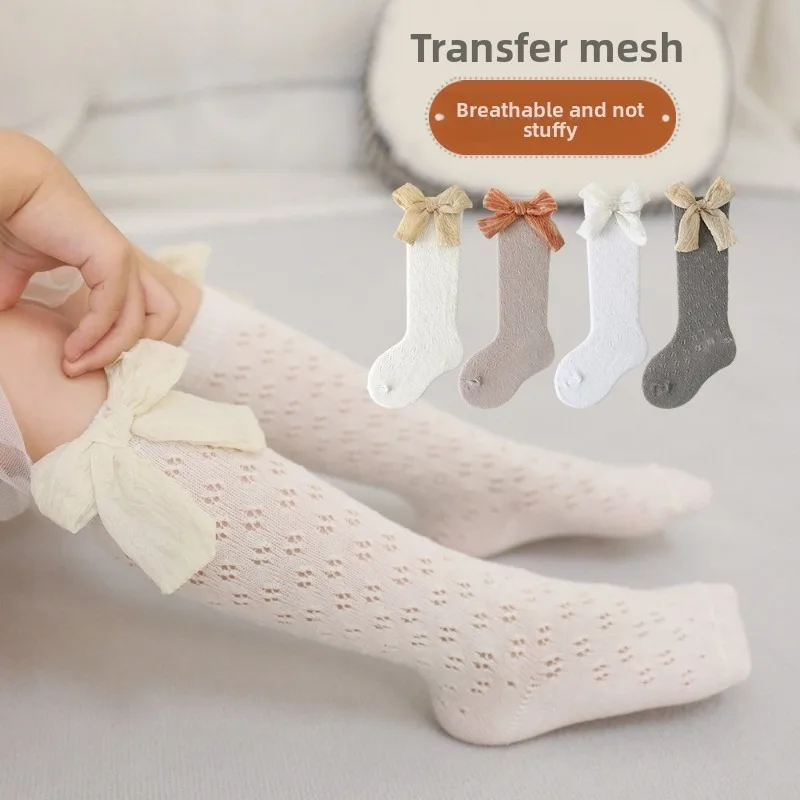 2025 Calcetines de algodón de clase A de verano para niña, calcetines por encima de la rodilla de malla de princesa con lazo fino, medias transpirables a media pantorrilla para niños pequeños - imagen 2