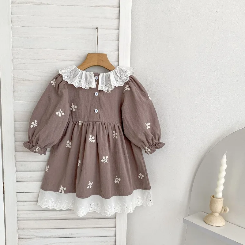 Vestido de primavera y otoño para niñas de estilo coreano: mameluco de manga larga, cuello de encaje y bordado de moda, ¡suave para la piel para niños pequeños! - imagen 5