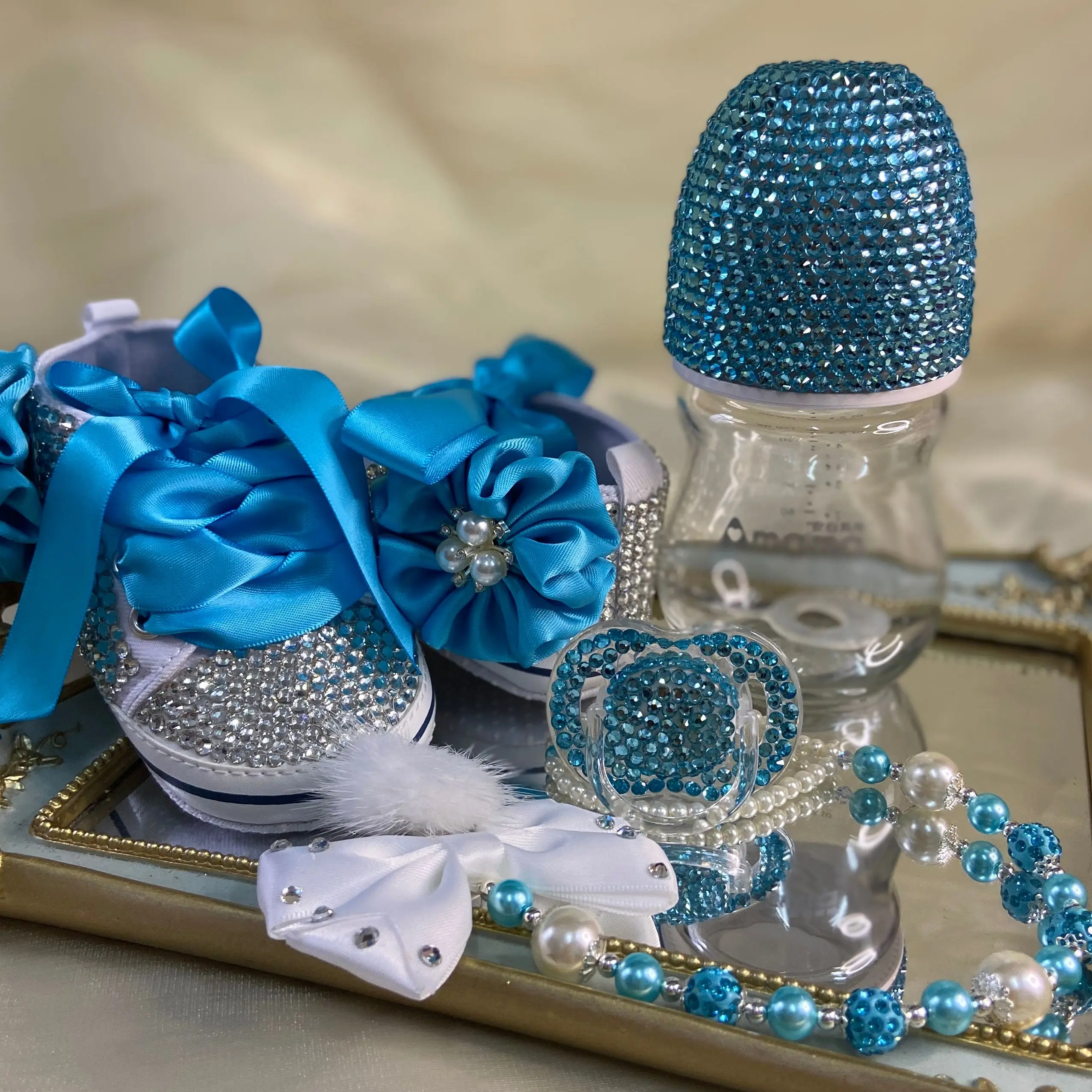 Dollbling, biberones y zapatos de lujo para bebé, conjunto con diadema, traje de tutú de diamante de recuerdo, zapatos de bautismo para niña pequeña con fondo rojo - imagen 3