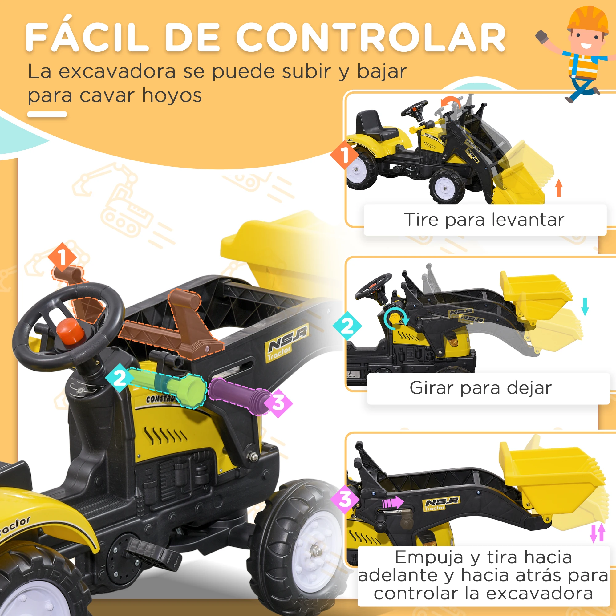 HOMCOM Tractor a Pedales para Niños de 3 Años Excavadora Camión con Pala Delantera Juguete de Montar Coche de Pedales Carga 35 kg 114x41x52 cm Amarillo - imagen 3